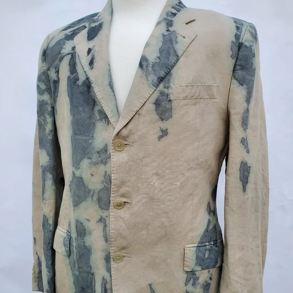 NEW linen Blazer tie dyed gray tan khaki green beige med large camo cowboy 40 42
